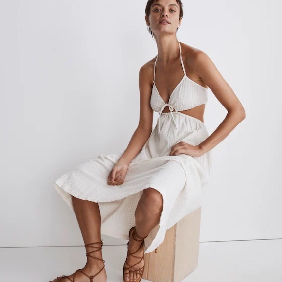 Madewell Seersucker Tie-Front Cutout Midi Dress mustard yellow medium - Picture 3 of 10